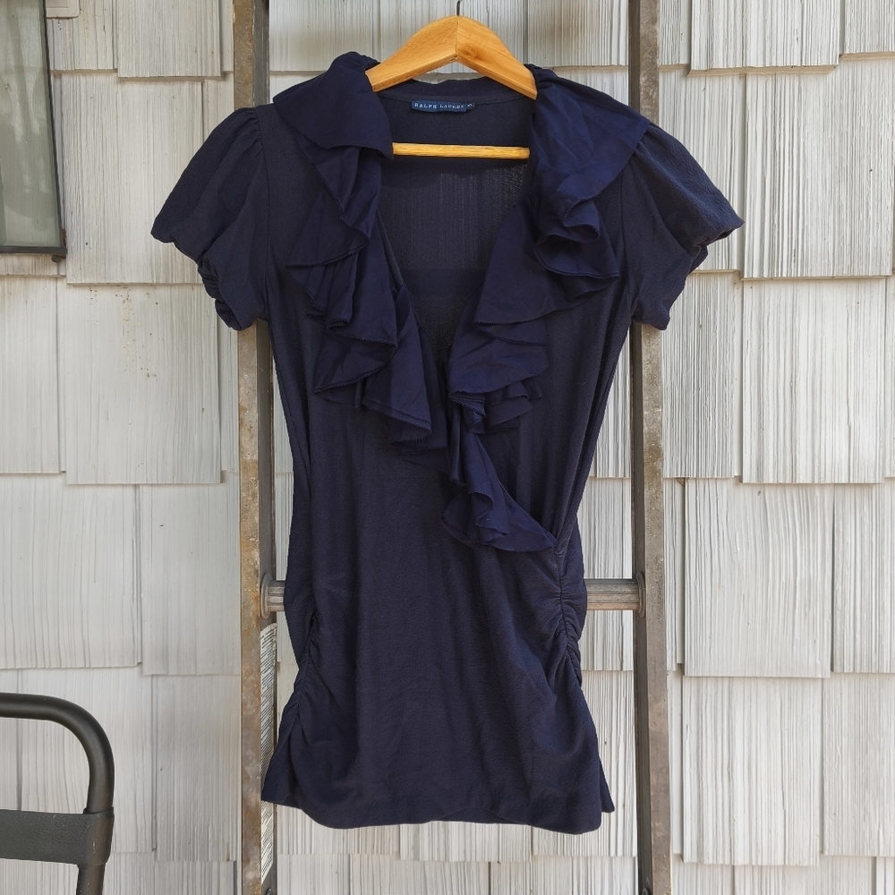 y2k Ralph Lauren Cotton Silk Ruched Ruffle Faux Wrap Blouse sz XS Navy